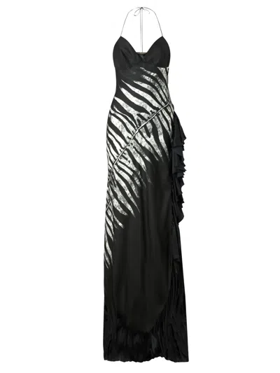 Roberto Cavalli Long Dress With Zebra Print In Black