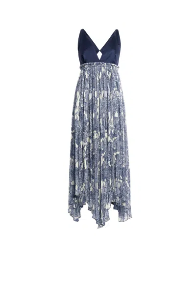 Roberto Cavalli Long Iris Print Silk Dress In Ivory/dark Navy