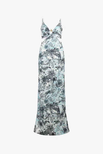 Roberto Cavalli Long Jungle Print Dress In Light Blue