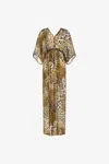 Roberto Cavalli Long Kaftan With Jaguar Skin Print In Light Brown