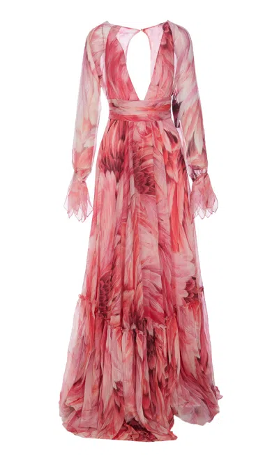 Roberto Cavalli Long Plumage Print Dress In Pink