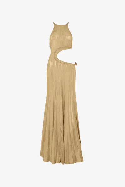 Roberto Cavalli Long Sheer Gold Dress With Cut-outs In Nude