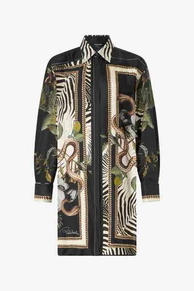 Roberto Cavalli Long Shirt With Zebra And Snake Print In Black
