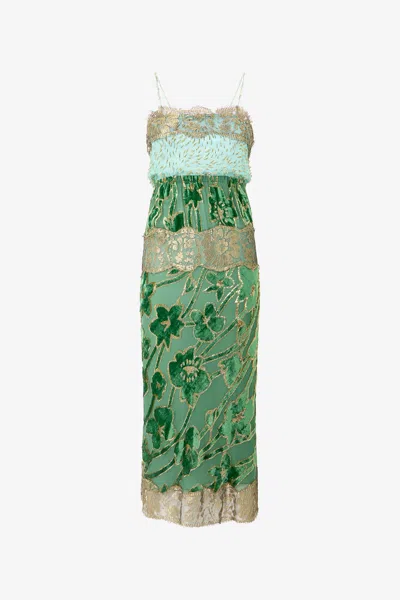 Roberto Cavalli Long Silk Dress With Decorations In Green