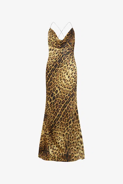 Roberto Cavalli Long Silk Dress With Jaguar Skin Print In Animal Print