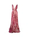 ROBERTO CAVALLI LONG SILK DRESS WITH PINK PLUMAGE PRINT