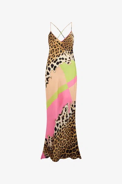 Roberto Cavalli Colorblock Jaguar-print Silk Maxi Slip Dress In Multi