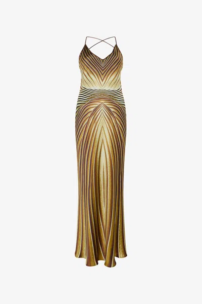 Roberto Cavalli Long Silk Dress With Ray Of Gold Print In Multi
