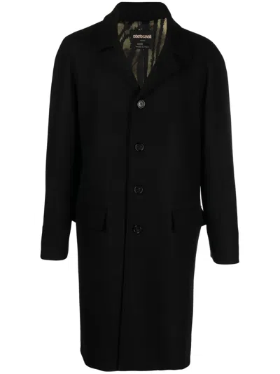 Roberto Cavalli Long Single-breasted Coat In Black