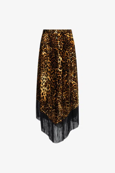 Roberto Cavalli Long Skirt With Fringe In Dark Brown