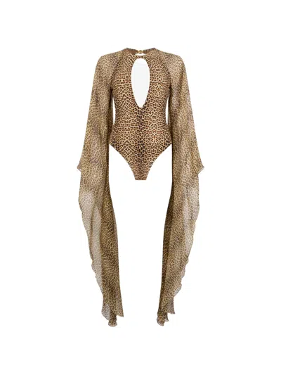 Roberto Cavalli Long-sleeve Open-back Swimsuit In Brown