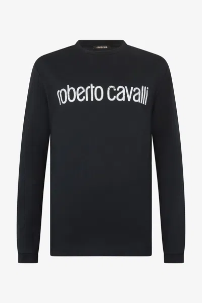 Roberto Cavalli Long-sleeved T-shirt With Logo In Black