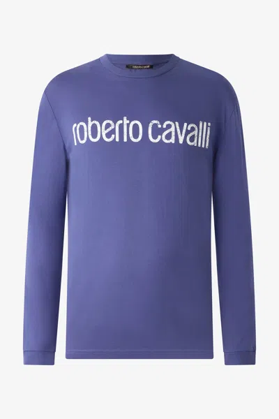 Roberto Cavalli Long-sleeved T-shirt With Logo In Navy