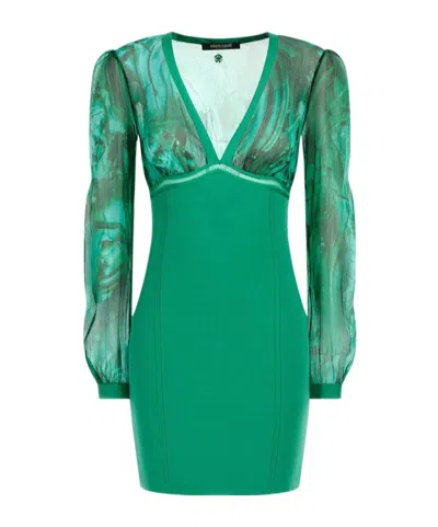 Roberto Cavalli Long-sleeved V-neck Dress In Green