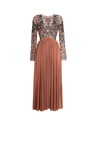 Roberto Cavalli Long V-neck Sequin Embroidered Dress In Brown