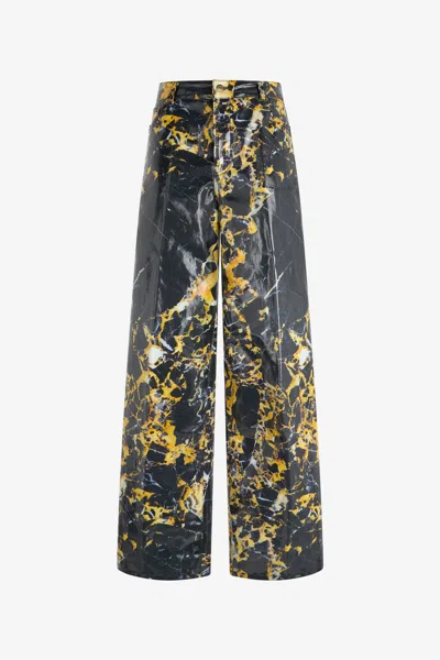 Roberto Cavalli Loose Trousers With Marble Print In Trasparente/nero