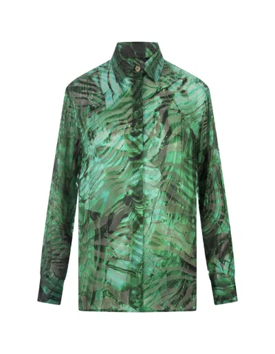 Roberto Cavalli Malachite Shirt In Printed Devoré Satin In Green