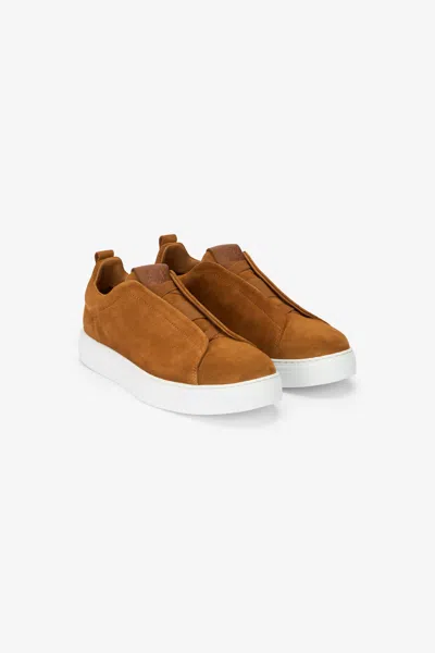 Roberto Cavalli Man Leather Trainer In Tabacco