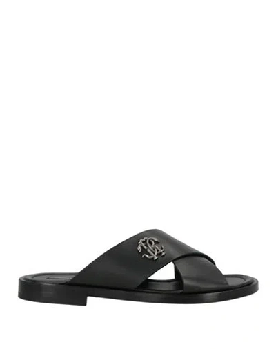 Roberto Cavalli Slides With Straps And Monogram Mirror Snake In Black