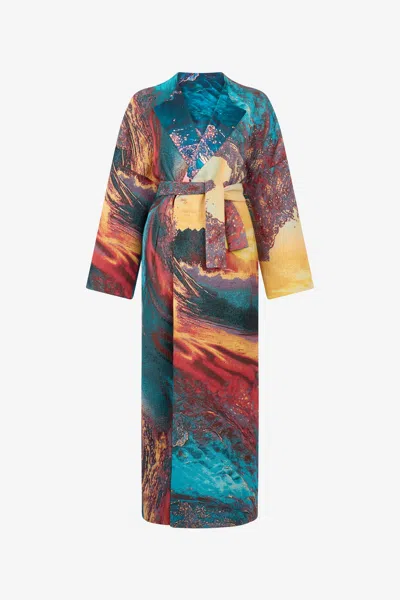 Roberto Cavalli Itaca Print Coat With Belt In Blue/orange
