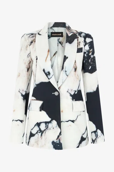 Roberto Cavalli Marble Print Blazer In Black/white