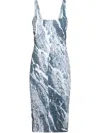 Roberto Cavalli Square Neckline Midi Length Dress With Ruched Detailing In Blue