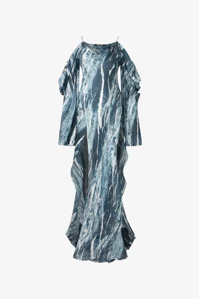 Roberto Cavalli Marble-print Flowing Dress In Dark Blue