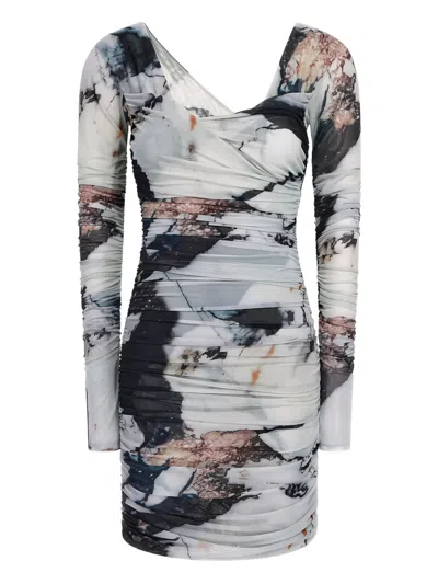Roberto Cavalli Marble-print Ruched Mini Dress In Gray