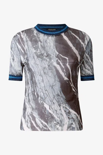 Roberto Cavalli Marble-print T-shirt With Glittery Trims In Blue