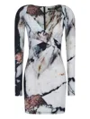Roberto Cavalli Printed Abstract Fitted Mini V-neck Dress In Neutral