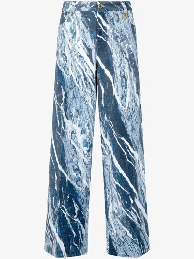 Roberto Cavalli Marble-print Wide-leg Jeans In Blue