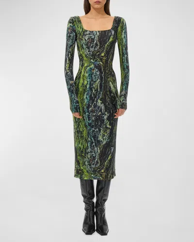 Roberto Cavalli Marble Square-neck Long-sleeve Midi Dress In Dark Green