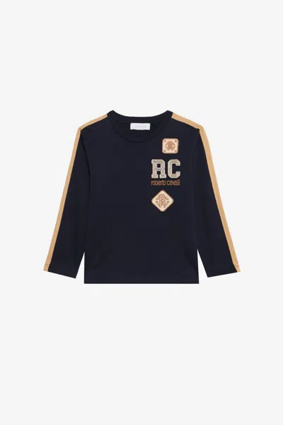 Roberto Cavalli Kids' Marineblaues Langarm-top Mit Logo In Blue