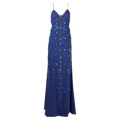 Pre-owned Roberto Cavalli Maxi Chiffon Embroidered Navy Dress In Blue
