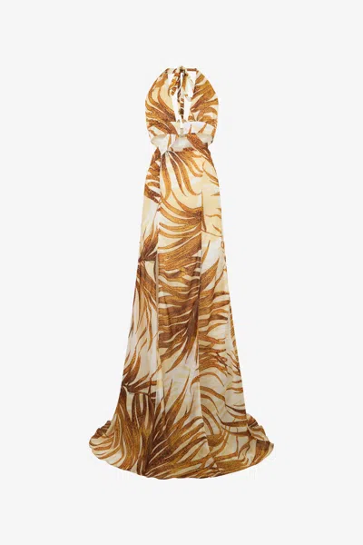 Roberto Cavalli Golden Palm Print Maxi Dress In Brown