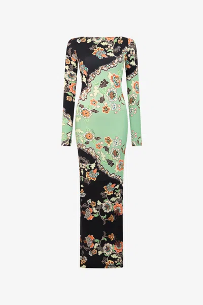 Roberto Cavalli Maxikleid Mit Kimono-print In Green/black