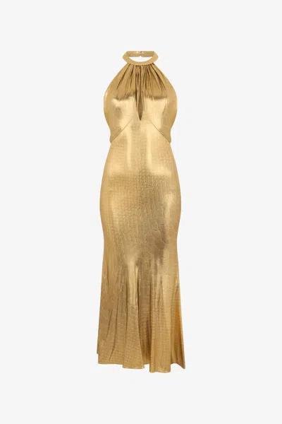 Roberto Cavalli Serpentine Print Maxi Dress In Gold