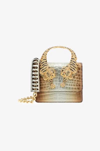 Roberto Cavalli Medium Roar Shoulder Bag With Jewel Tigers In Silver/bronze
