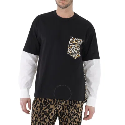Roberto Cavalli Men's Black Hybrid Poplin Sleeve Animalier Cotton Jersey T-shirt