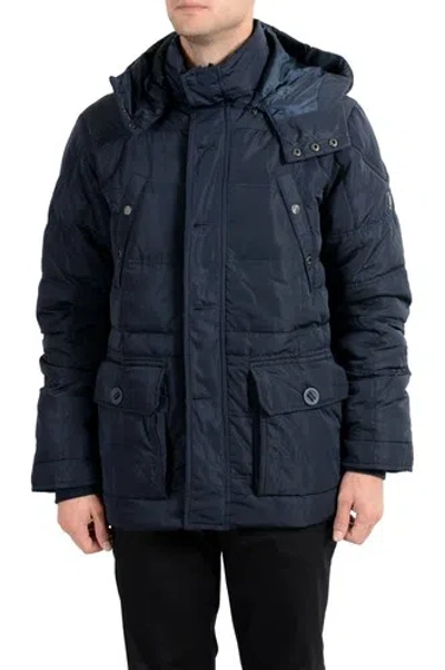 Pre-owned Roberto Cavalli Men's Down Navy Blue Full Zip Hooded Parka Jacket