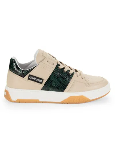 Roberto Cavalli Men's Low Top Leather Sneakers In Off White Green