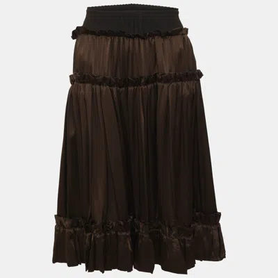 Pre-owned Roberto Cavalli Metallic Brown Satin Pleated Ruffled Midi Skirt M