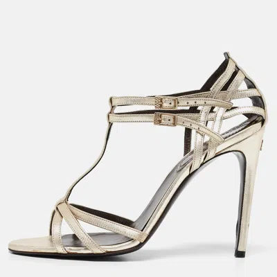 Pre-owned Roberto Cavalli Metallic Gold Leather Ankle Strap Sandals Size 40