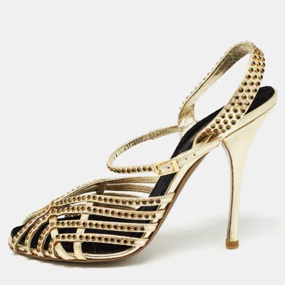 Pre-owned Roberto Cavalli Metallic Gold Leather Ankle Wrap Sandals Size 39