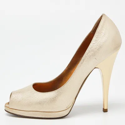 Roberto Cavalli Metallic Gold Leather Peep Toe Pumps In Neutral