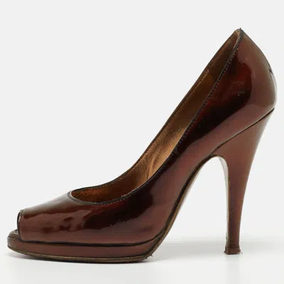 Roberto Cavalli Metallic Gold Patent Leather Peep Toe Pumps Size 35.5 In Brown