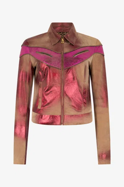 Roberto Cavalli Metallic Leather Jacket In Multi