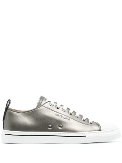 Roberto Cavalli Metallic Leather Sneakers In Gray