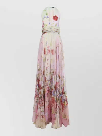 Roberto Cavalli Long Chiffon Dress With Miami Flowers Print In Pink