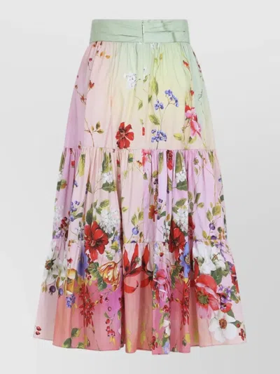 Roberto Cavalli Miami Flowers High Waist Tiered Midi Skirt In Multi
